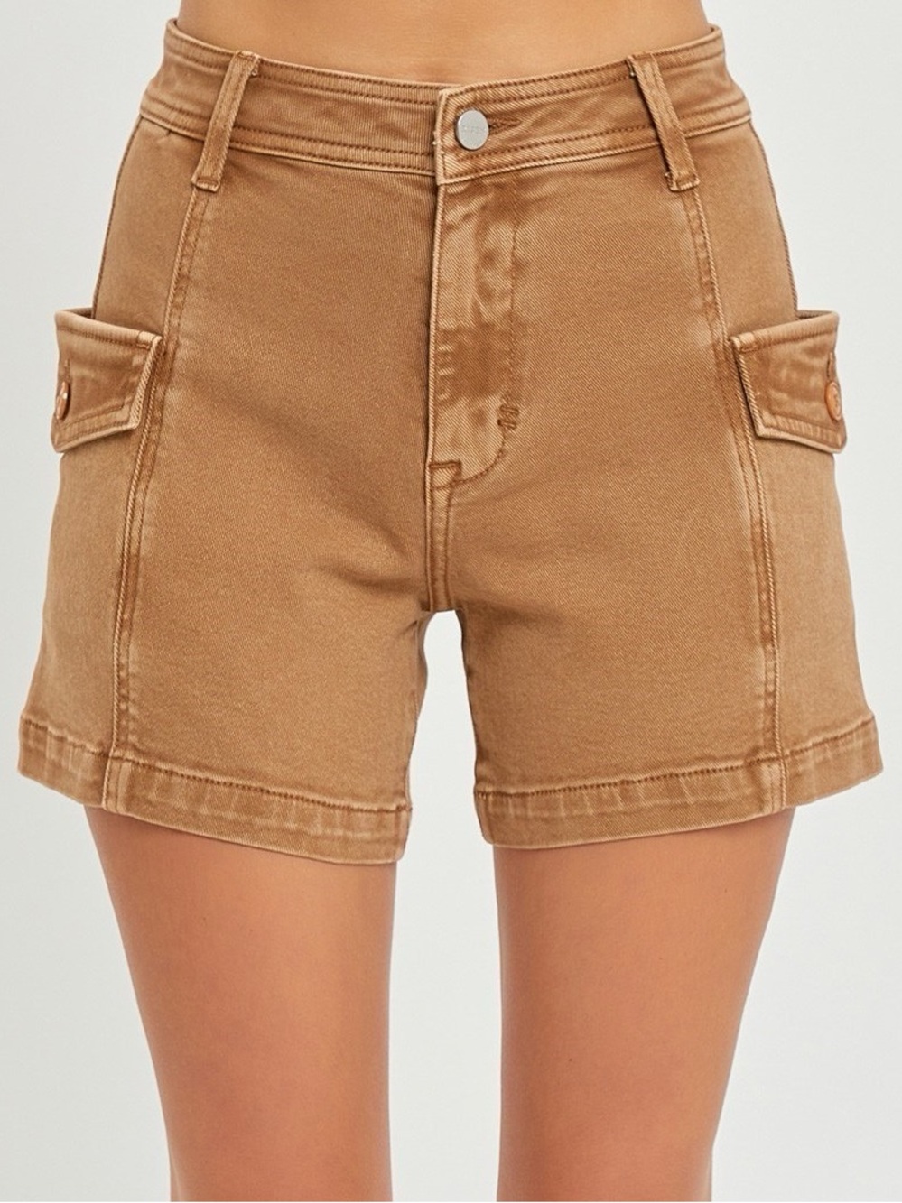 🌞NWT Risen High-Rise Cargo Shorts in Tan - Belt Loops-Button&Flap Side  Pockets